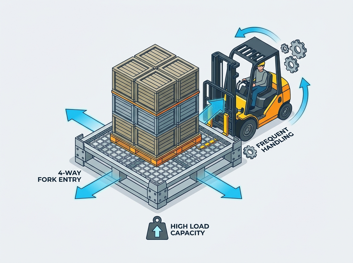 Heavy duty metal pallet in warehouse